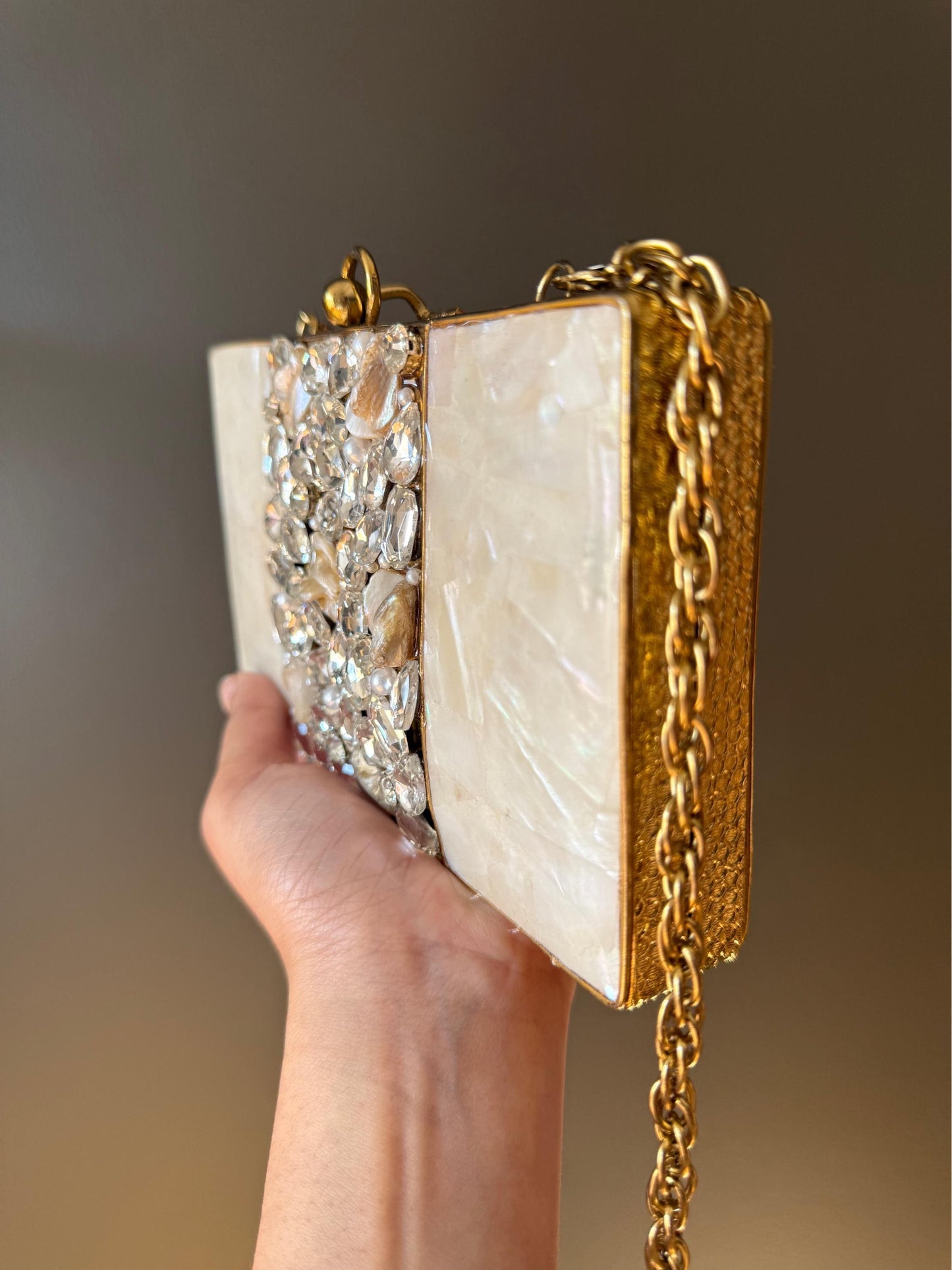 Handcrafted Mother-of-Pearl and Crystal Embellished Gold Clutch | Luxury Evening Bag for Weddings & Special Events. Limited Edition