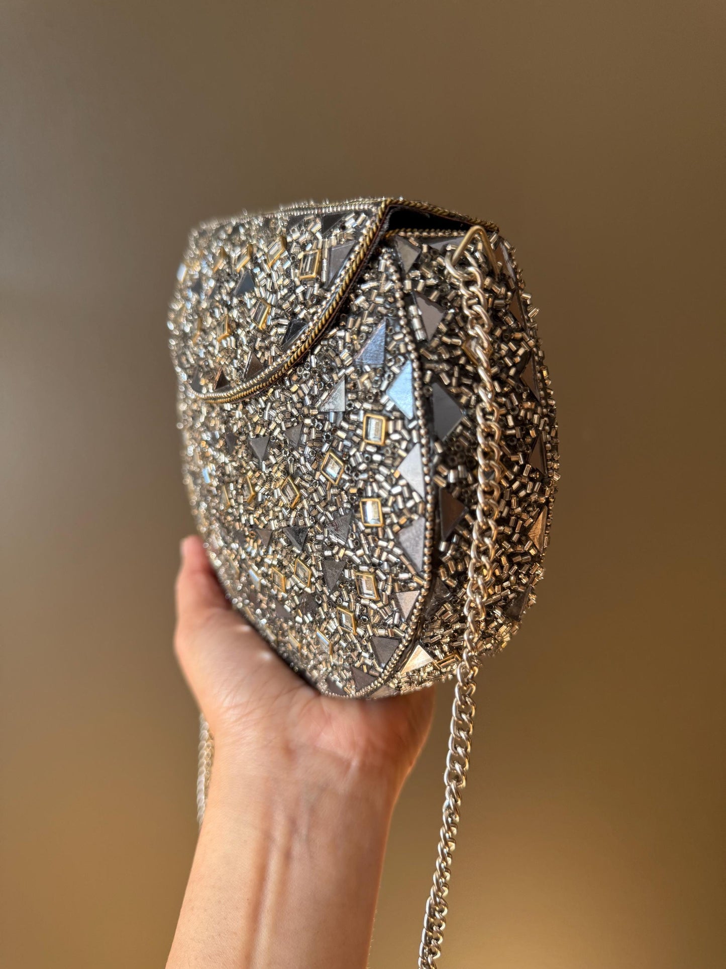 Handcrafted Black & Silver Mosaic Evening Clutch | Luxury Statement Bag with Intricate Detailing | Perfect for Weddings and Events. Vintage