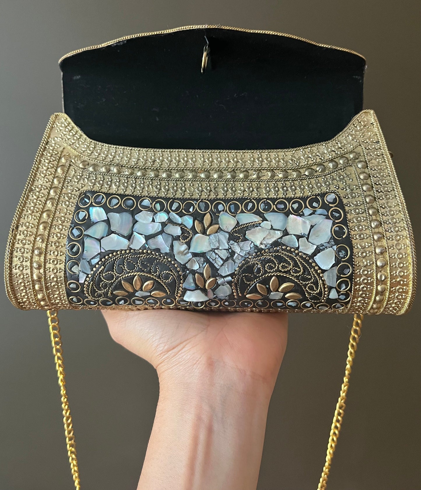 Mosaic Clutch, Antique Purse | Metal Clutch | Indian Handmade Sling Bag | Vintage Style Purse | Handmade Clutch, Mother of Pearl Purse