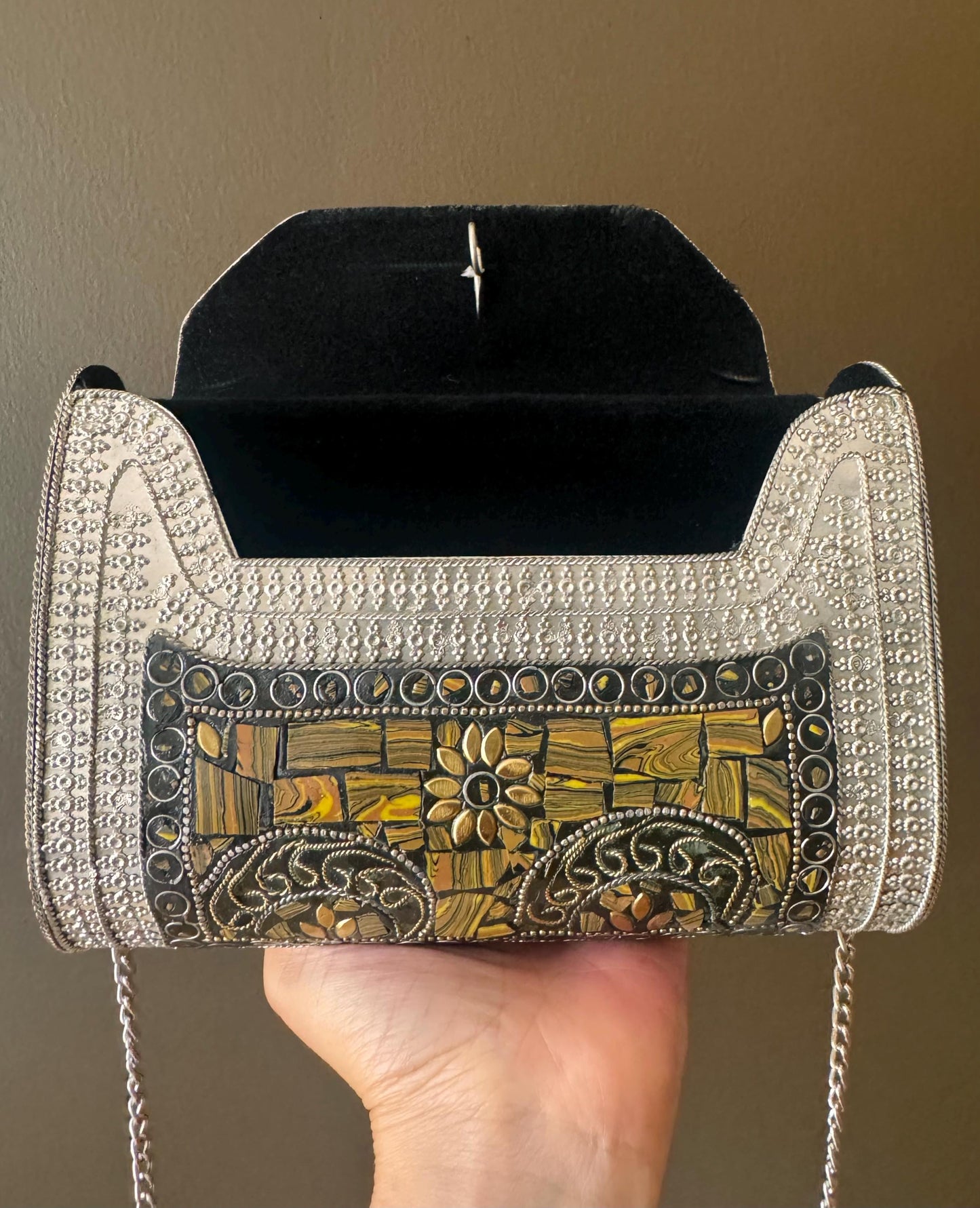 Luxury Handcrafted Golden Tiger Eye and Silver Metal Clutch Bag - Unique Artisan Boho Purse for Formal Events and Night Out