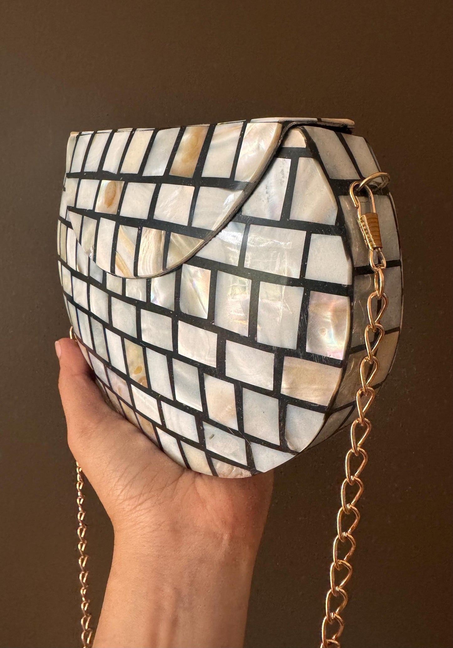 Timeless Elegance: Handmade Mosaic Clutch Purse with Vintage Metal & Mother of Pearl | Unique Indian Sling Bag - A Special Gift for Her