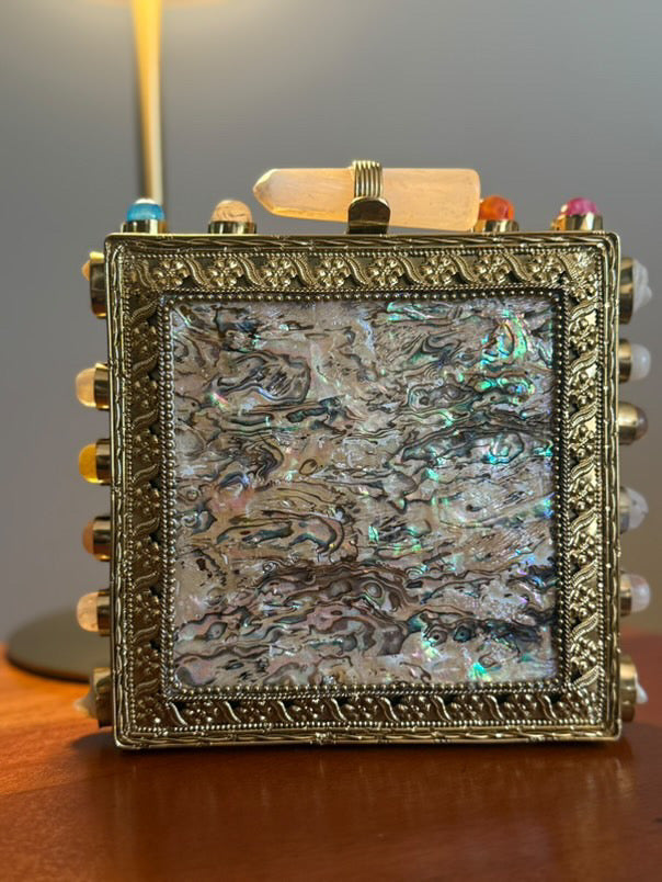 Handmade Abalone Shell & Gemstone Box Clutch – Gold Metal Frame Purse with Crystal Quartz Clasp