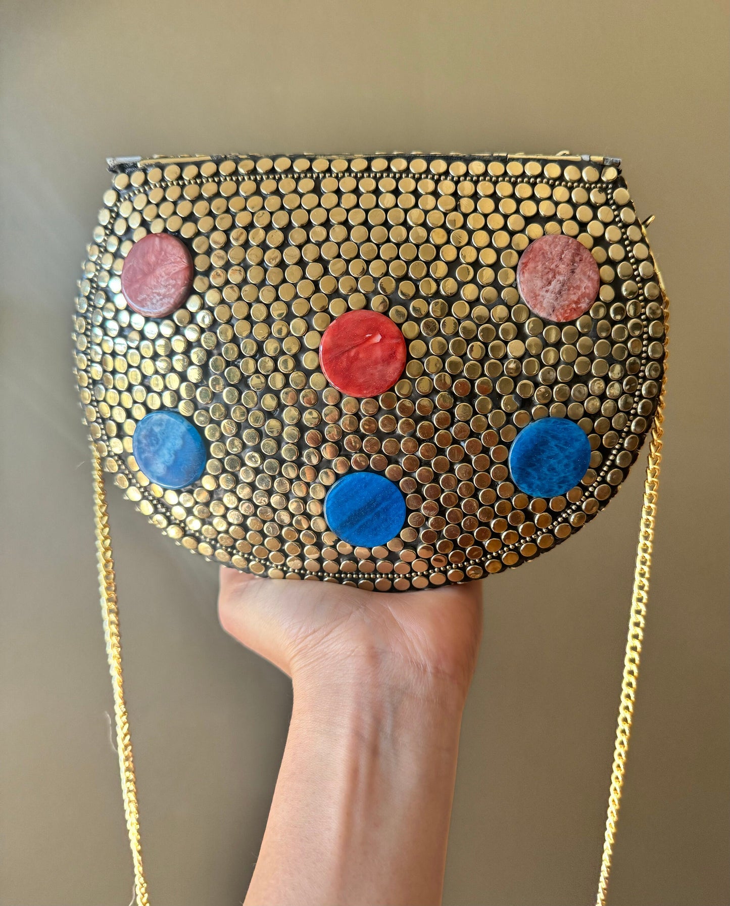 Bohemian Chic Mother-of-Pearl Mosaic Clutch with Vintage Accents - Vintage Inspired Evening Handbag