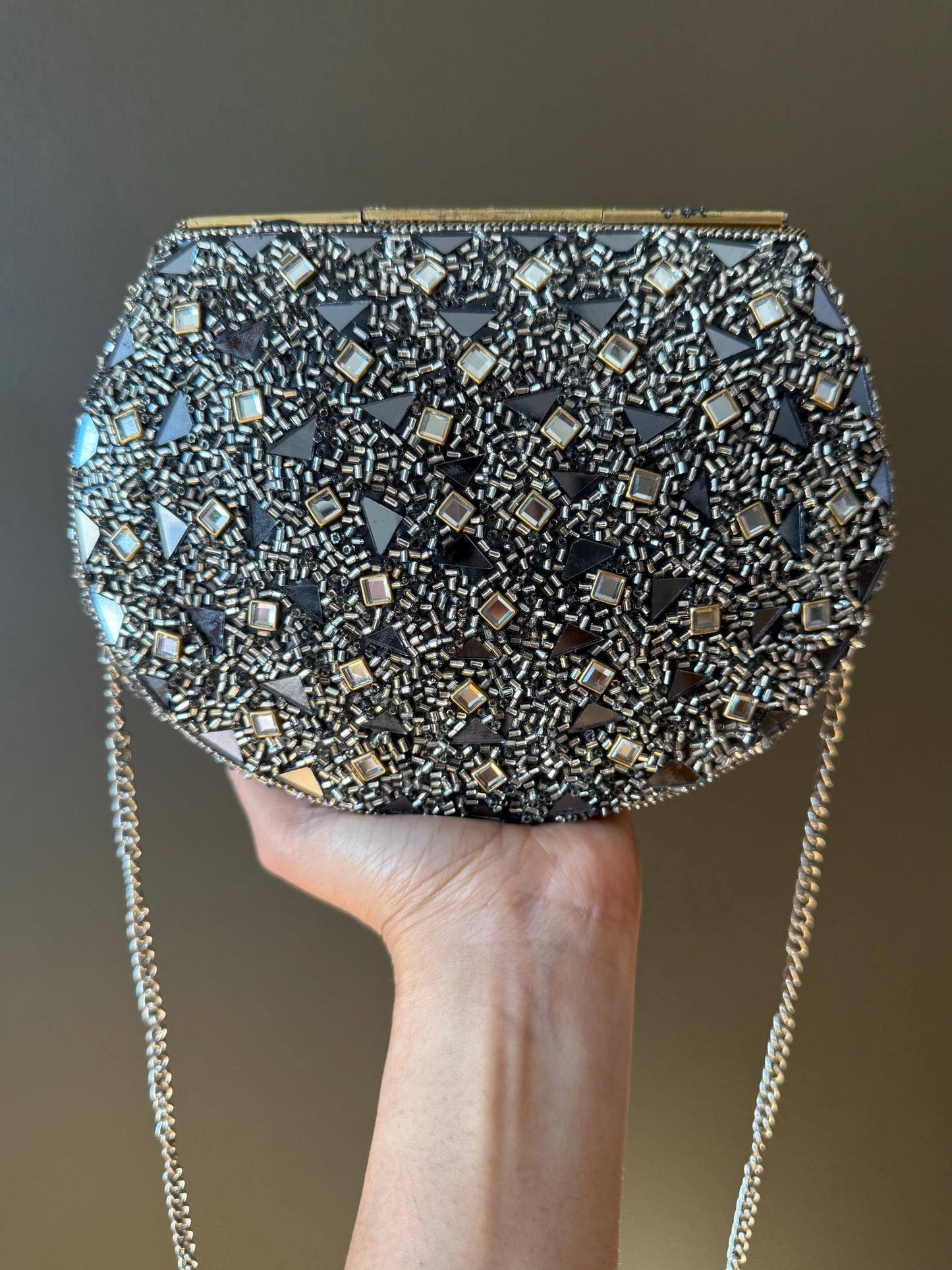 Handcrafted Black & Silver Mosaic Evening Clutch | Luxury Statement Bag with Intricate Detailing | Perfect for Weddings and Events. Vintage