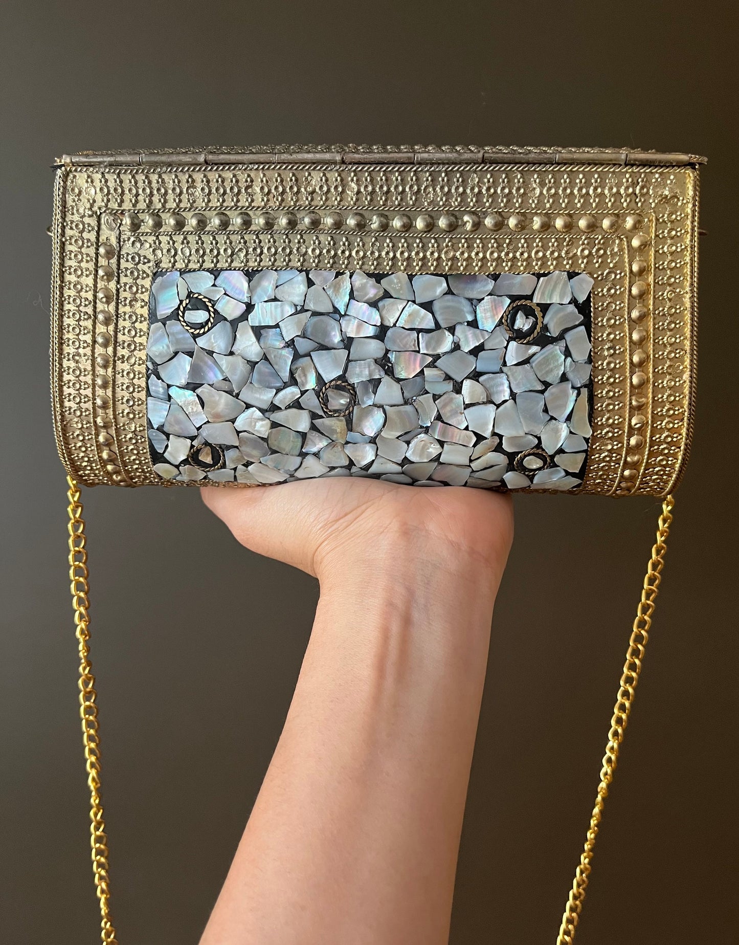 Mosaic Clutch, Antique Purse | Metal Clutch | Indian Handmade Sling Bag | Vintage Style Purse | Handmade Clutch, Mother of Pearl Purse