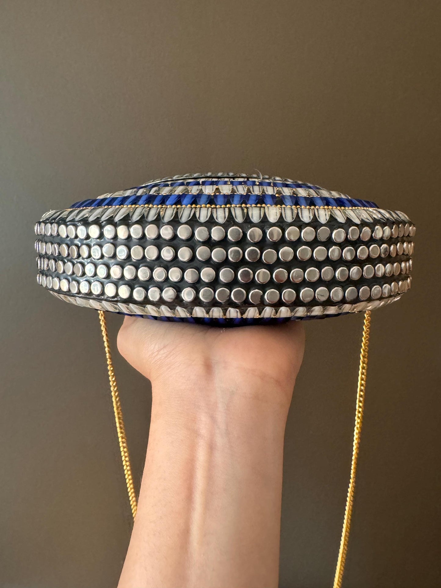 Handmade Beaded Clutch - Blue & Silver Mosaic Evening Purse with Gold Chain | Boho Chic Statement Bag | Unique Handmade Gift