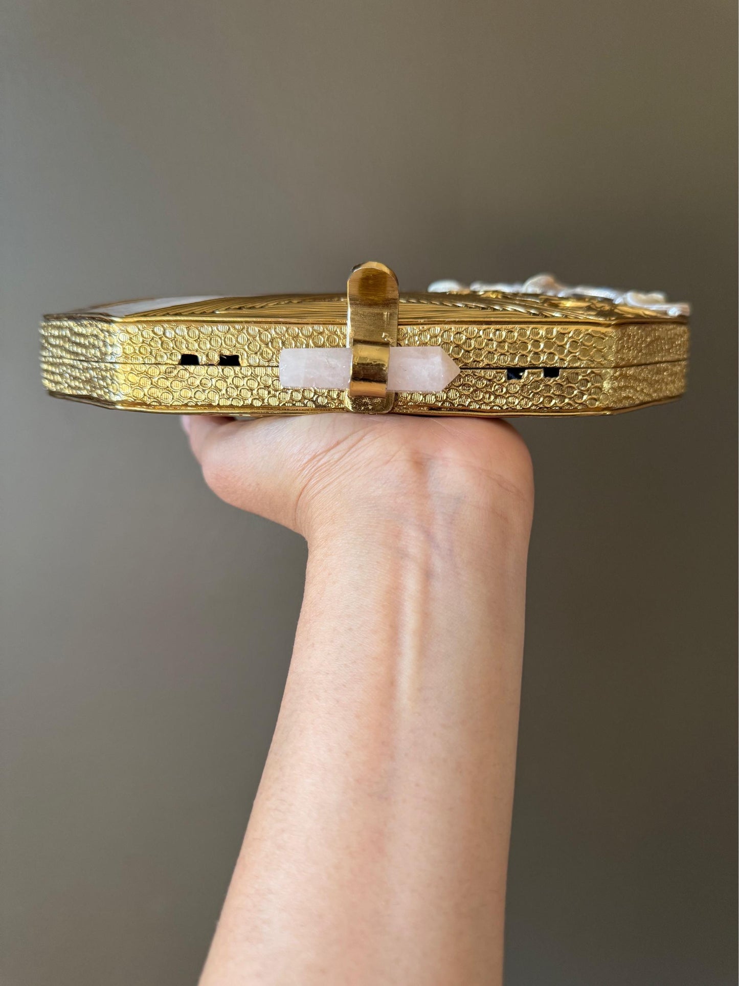 Handmade Gold Clutch – Mother of Pearl, Crystal & Rose Quartz Closure, Unique Evening Bag, Bridal Purse, Statement Handbag, Only 1 left.