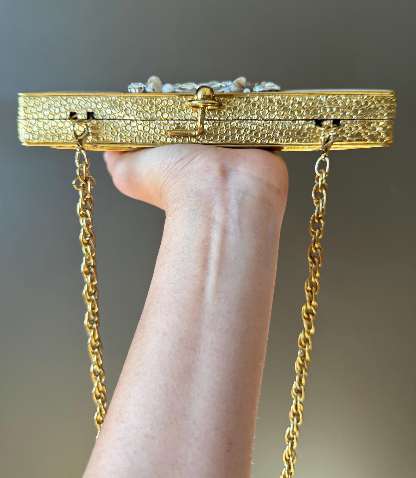 Handcrafted Mother-of-Pearl and Crystal Embellished Gold Clutch | Luxury Evening Bag for Weddings & Special Events. Limited Edition