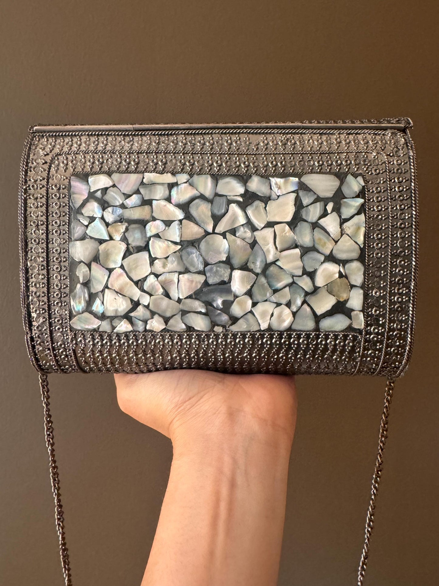Artisan-Made Mother of Pearl and Metal Clutch - Elegant Bohemian Mosaic Purse with Detachable Chain for Evening and Formal Events