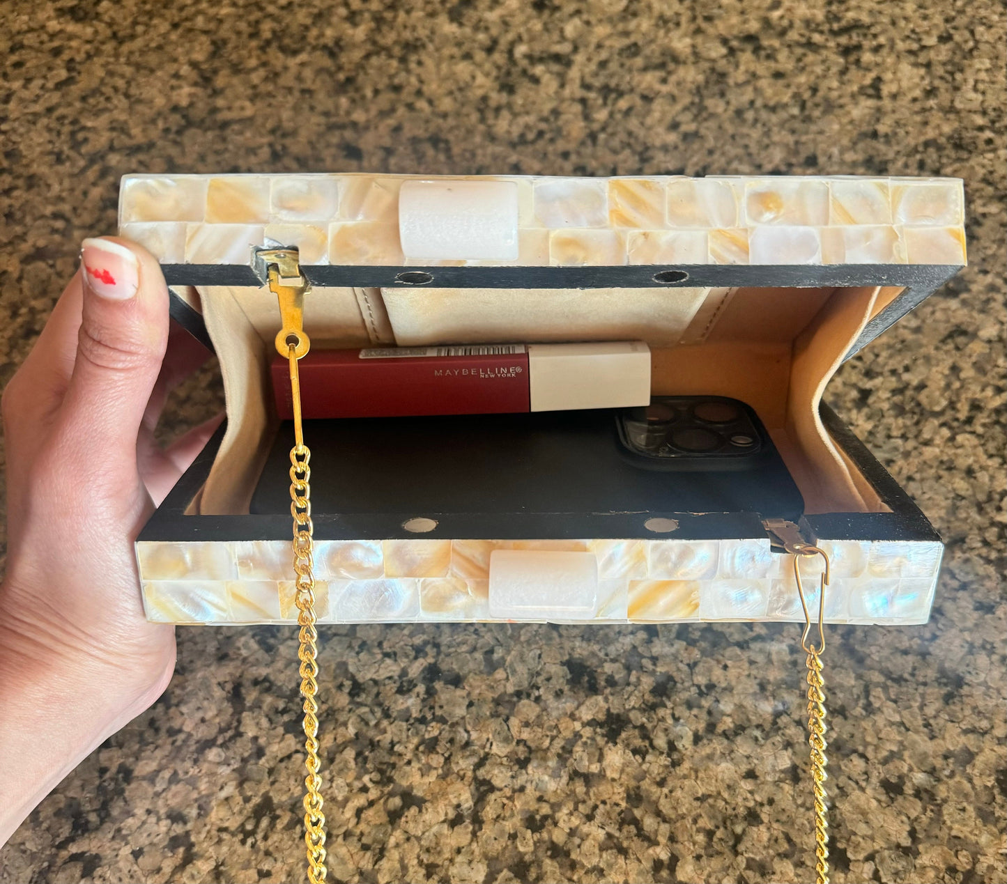 Handcrafted Mother-of-Pearl Clutch Purse with Gold Chain - Iridescent Mosaic Evening Bag for Weddings & Special Occasions