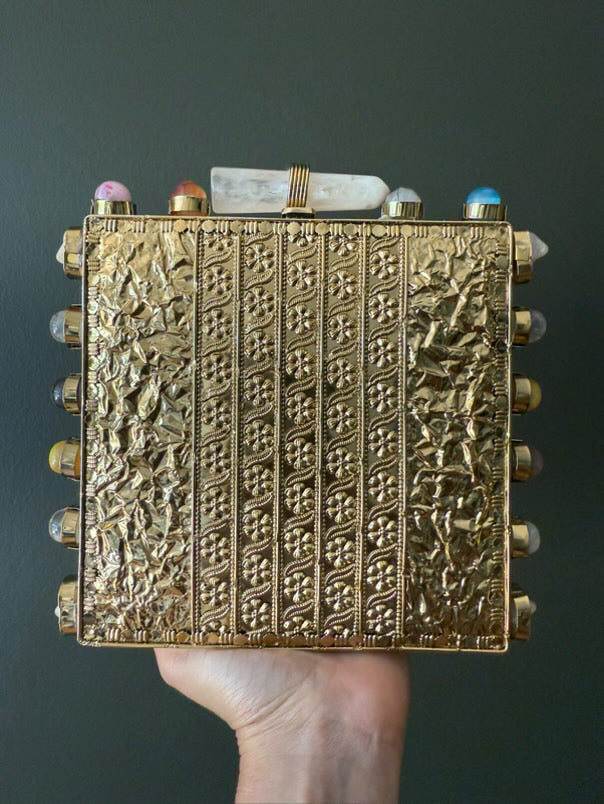 Handmade Abalone Shell & Gemstone Box Clutch – Gold Metal Frame Purse with Crystal Quartz Clasp