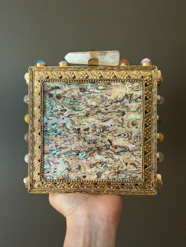 Handmade Abalone Shell & Gemstone Box Clutch – Gold Metal Frame Purse with Crystal Quartz Clasp