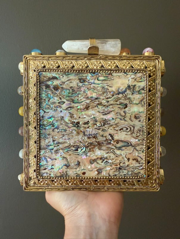 Handmade Abalone Shell & Gemstone Box Clutch – Gold Metal Frame Purse with Crystal Quartz Clasp