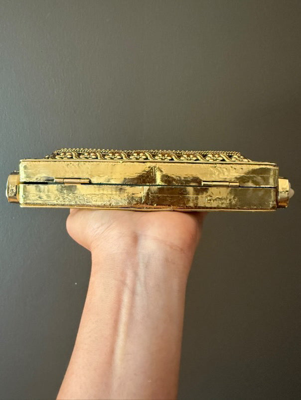Handmade Abalone Shell & Gemstone Box Clutch – Gold Metal Frame Purse with Crystal Quartz Clasp