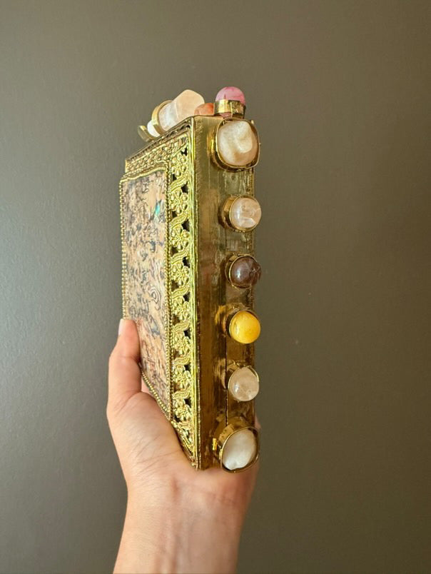 Handmade Abalone Shell & Gemstone Box Clutch – Gold Metal Frame Purse with Crystal Quartz Clasp