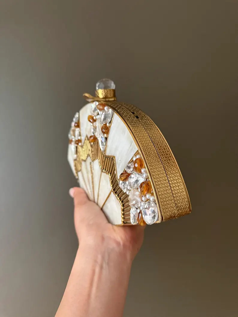 Art Deco Fan Clutch | Mother of Pearl Inlay & Gemstone Embellished Evening Bag | Gold Metal Purse with Chain Strap. Glamorous clutch