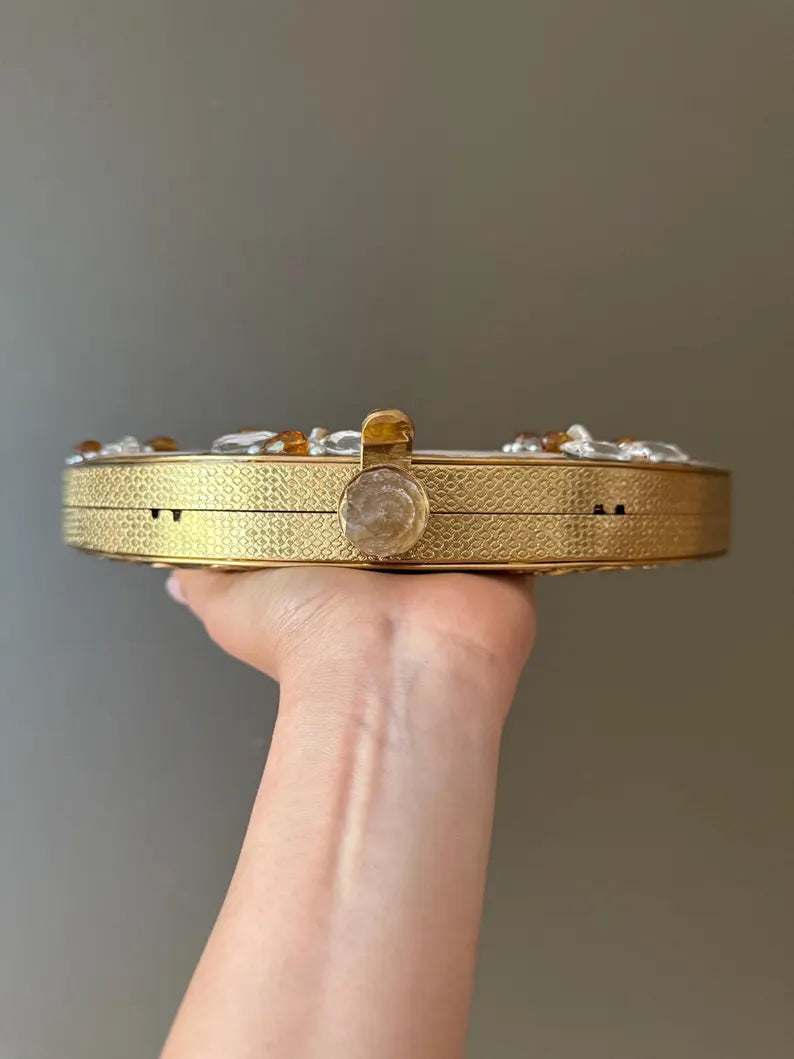 Art Deco Fan Clutch | Mother of Pearl Inlay & Gemstone Embellished Evening Bag | Gold Metal Purse with Chain Strap. Glamorous clutch