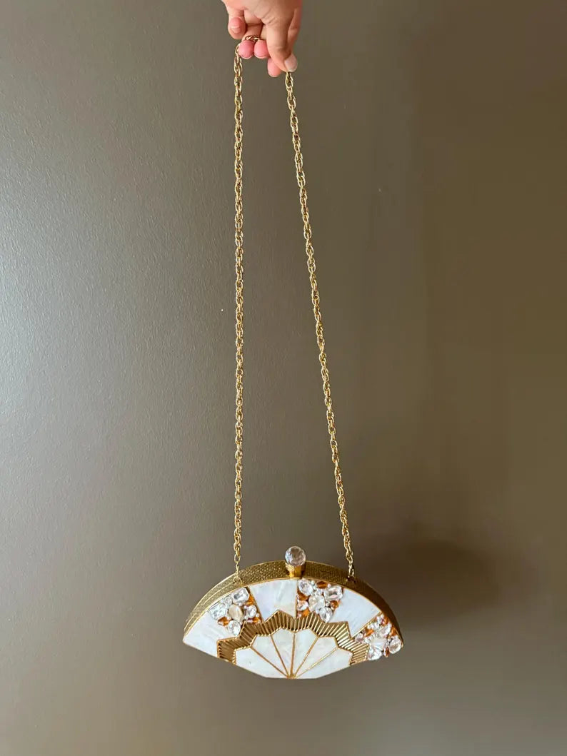 Art Deco Fan Clutch | Mother of Pearl Inlay & Gemstone Embellished Evening Bag | Gold Metal Purse with Chain Strap. Glamorous clutch