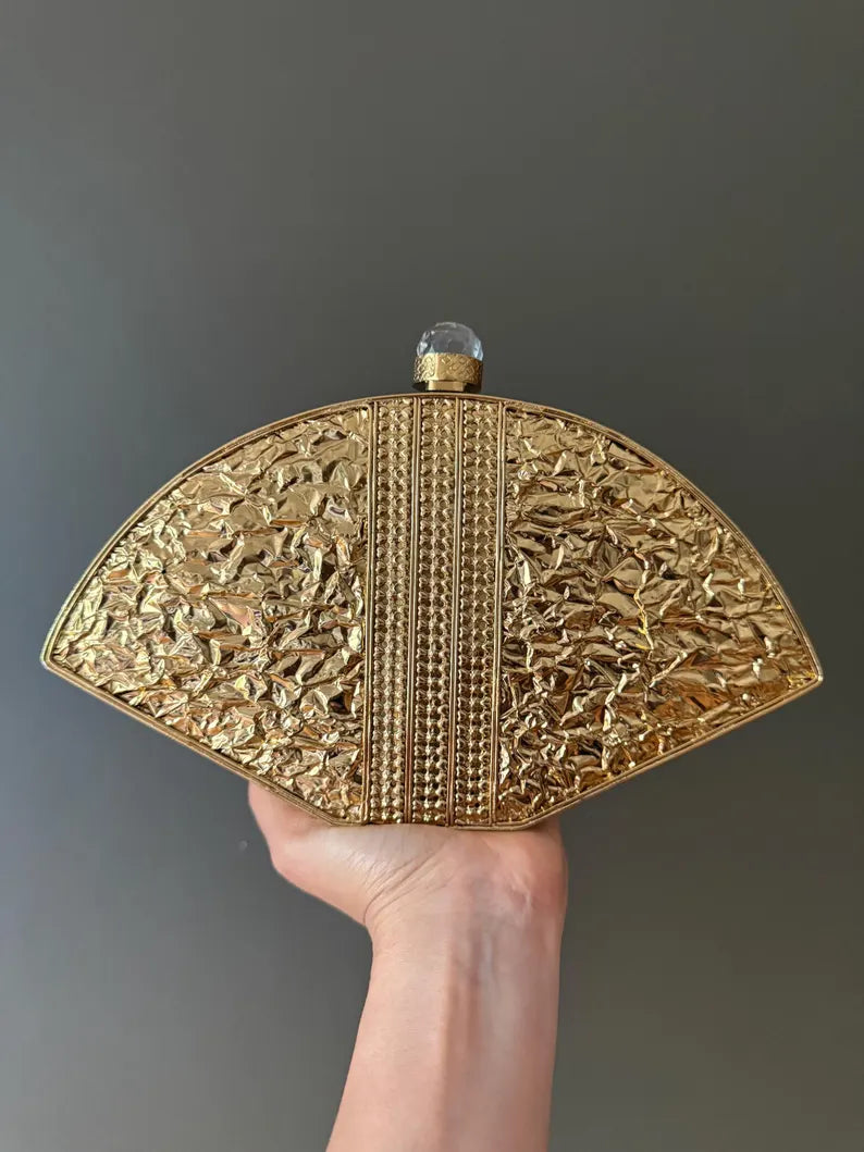 Art Deco Fan Clutch | Mother of Pearl Inlay & Gemstone Embellished Evening Bag | Gold Metal Purse with Chain Strap. Glamorous clutch