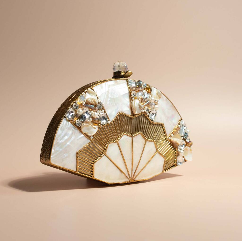 Art Deco Fan Clutch | Mother of Pearl Inlay & Gemstone Embellished Evening Bag | Gold Metal Purse with Chain Strap. Glamorous clutch