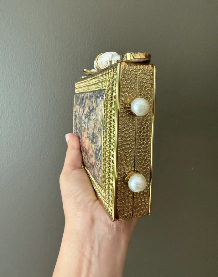 Vintage Abalone Shell Gold Metal Box Clutch Purse – 6.5” Evening Bag with Pearls, Marbled Stone Clasp, Chain Strap