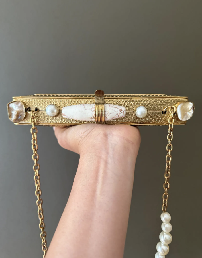Vintage Abalone Shell Gold Metal Box Clutch Purse – 6.5” Evening Bag with Pearls, Marbled Stone Clasp, Chain Strap