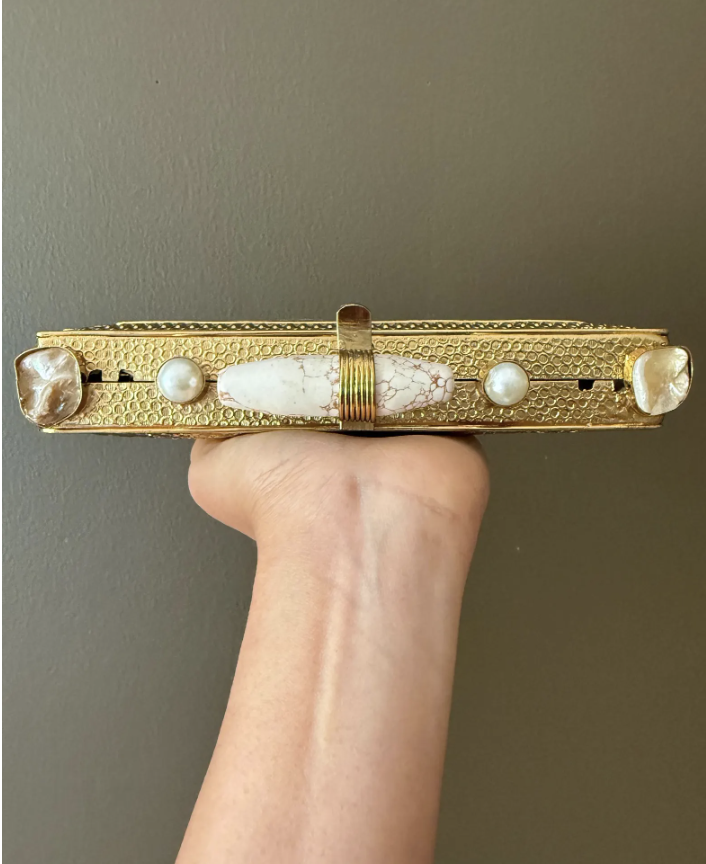 Vintage Abalone Shell Gold Metal Box Clutch Purse – 6.5” Evening Bag with Pearls, Marbled Stone Clasp, Chain Strap