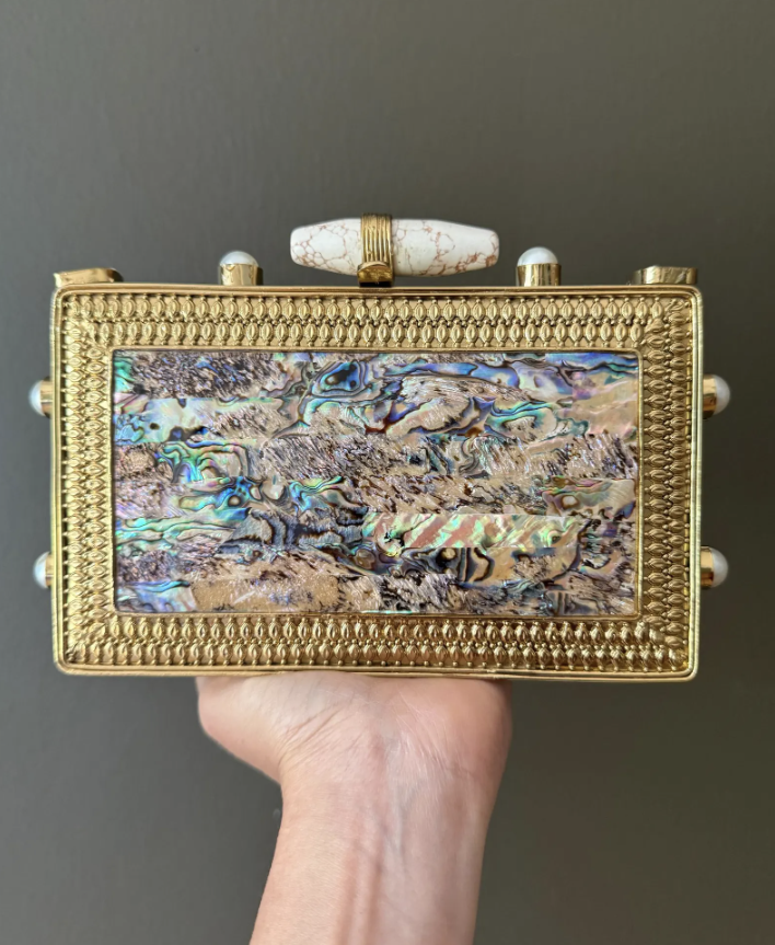 Vintage Abalone Shell Gold Metal Box Clutch Purse – 6.5” Evening Bag with Pearls, Marbled Stone Clasp, Chain Strap