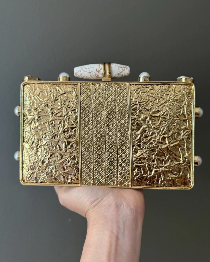 Vintage Abalone Shell Gold Metal Box Clutch Purse – 6.5” Evening Bag with Pearls, Marbled Stone Clasp, Chain Strap