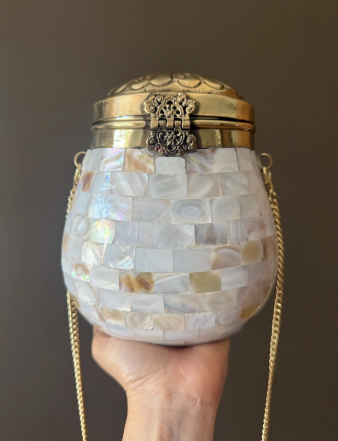 Handmade Mother of Pearl Clutch | Vintage-Inspired Brass & Shell Evening Bag | 7” Oval Bridal Purse | Artisan Statement Handbag. Wedding bag