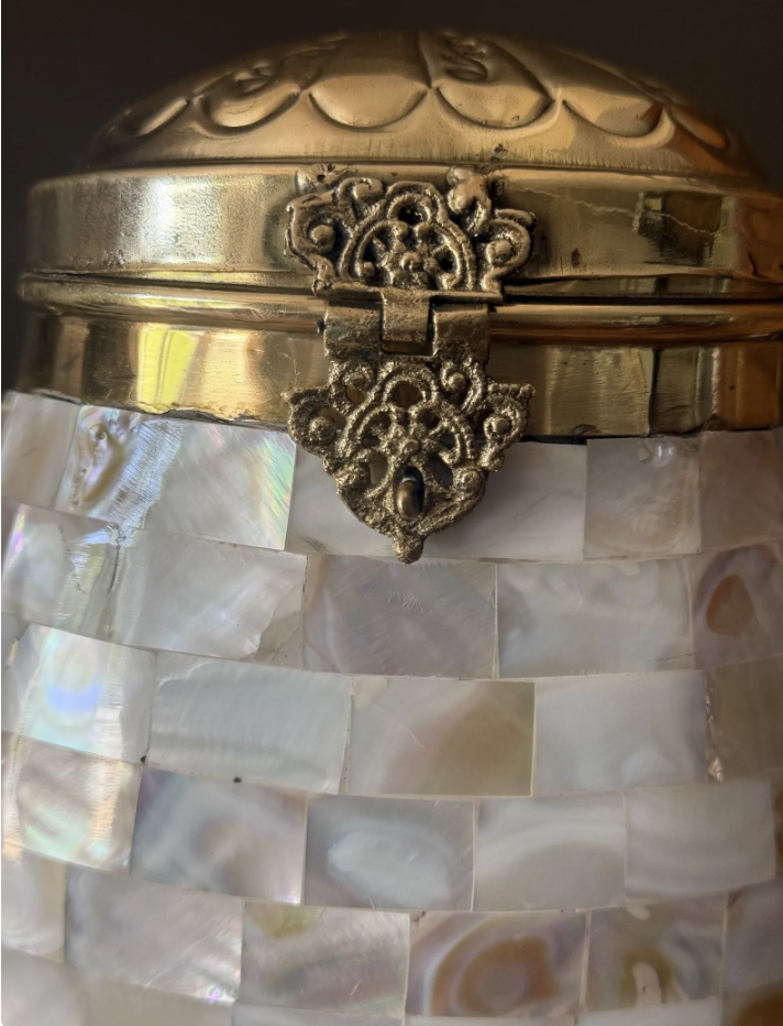 Handmade Mother of Pearl Clutch | Vintage-Inspired Brass & Shell Evening Bag | 7” Oval Bridal Purse | Artisan Statement Handbag. Wedding bag