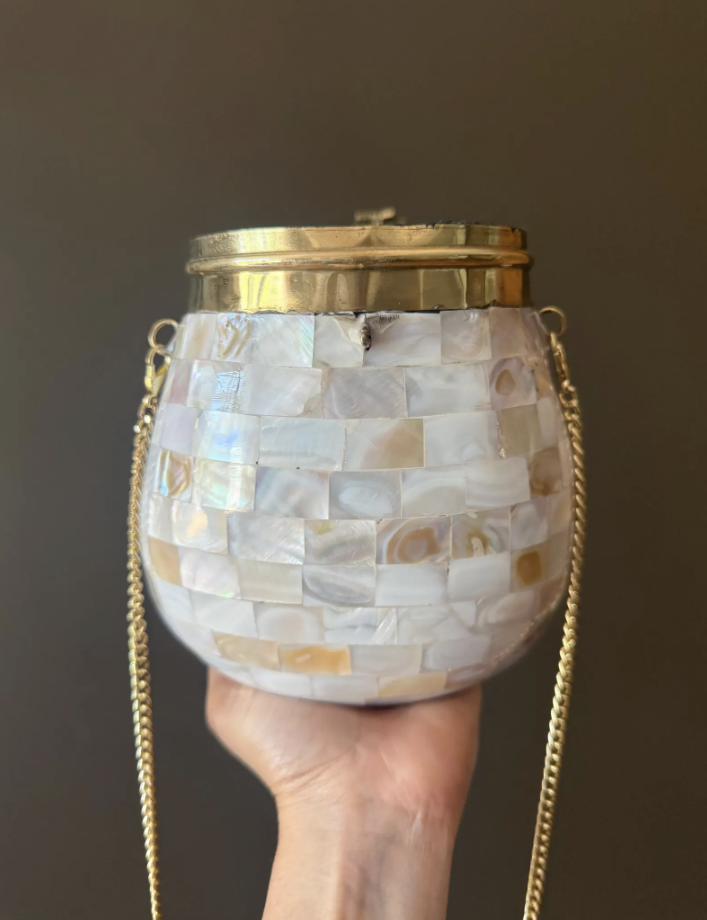 Handmade Mother of Pearl Clutch | Vintage-Inspired Brass & Shell Evening Bag | 7” Oval Bridal Purse | Artisan Statement Handbag. Wedding bag