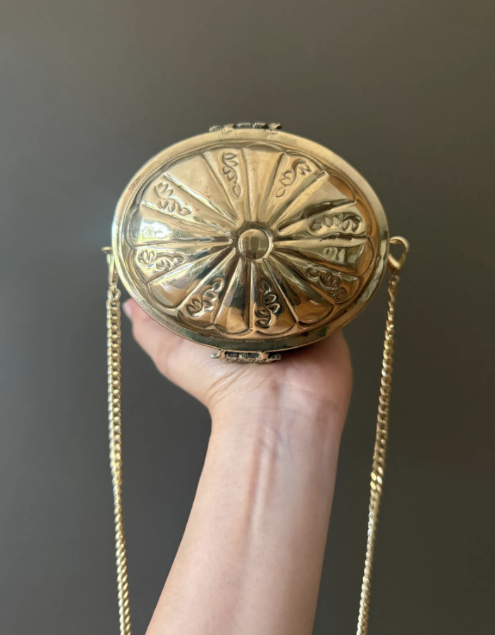 Handmade Mother of Pearl Clutch | Vintage-Inspired Brass & Shell Evening Bag | 7” Oval Bridal Purse | Artisan Statement Handbag. Wedding bag