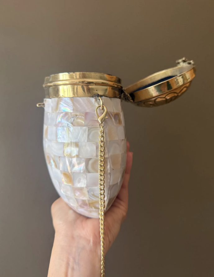 Handmade Mother of Pearl Clutch | Vintage-Inspired Brass & Shell Evening Bag | 7” Oval Bridal Purse | Artisan Statement Handbag. Wedding bag
