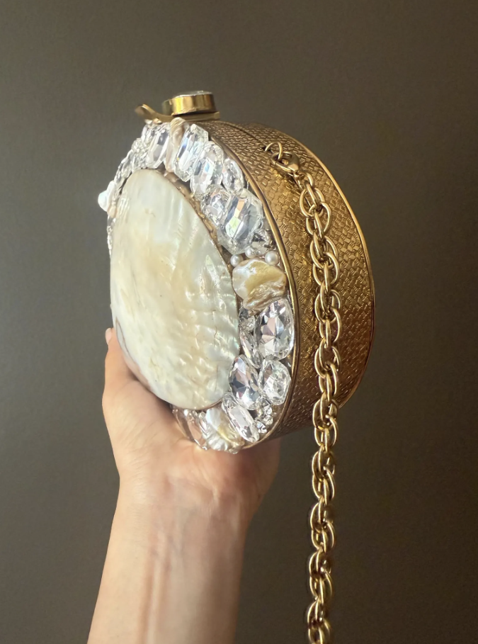 Handmade Mother of Pearl Clutch Purse β Oval Evening Bag with Crystals & Gold Chain β Bridal Shell Bag β Luxury Statement Accessory