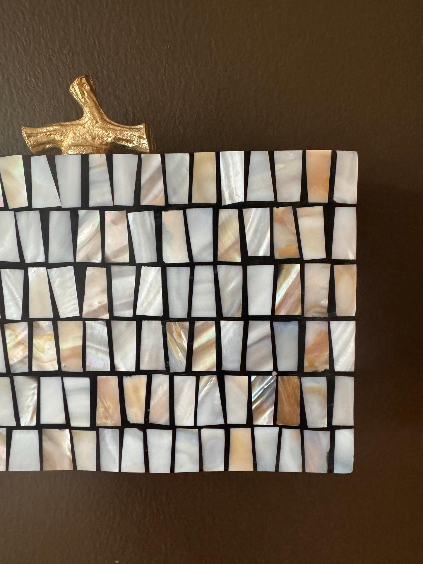 Handmade Rectangular Mother of Pearl and Resin Mosaic Clutch - Unique Shell Purse with Gold Accent Clasp and Chain Strap - Special Occasions