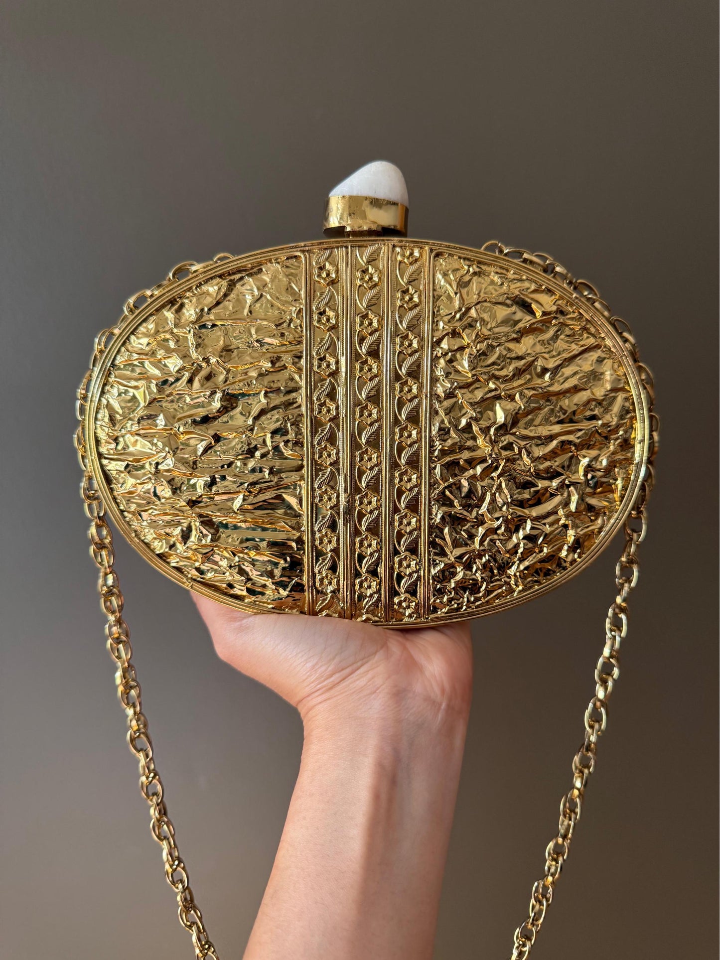 Exquisite Handcrafted Mother of Pearl Clutch with Vintage Gold Detailing & Crystal Embellishments. Luxurious Bag. Wedding clutch. Last PC