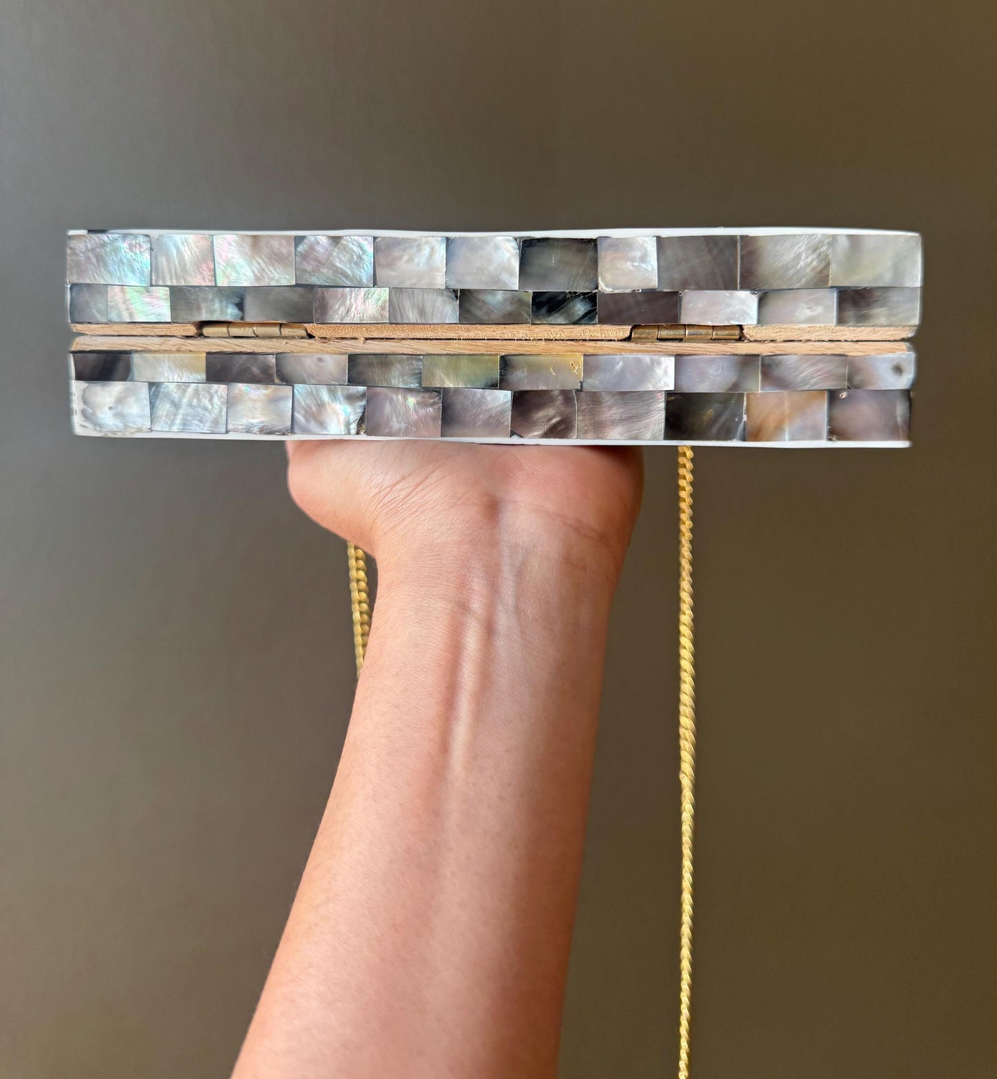 Luxury Mother of Pearl Clutch Purse - Handmade Evening Bag with Swan Clasp, Gold Chain, and Geometric Design - Elegant Gift for Women