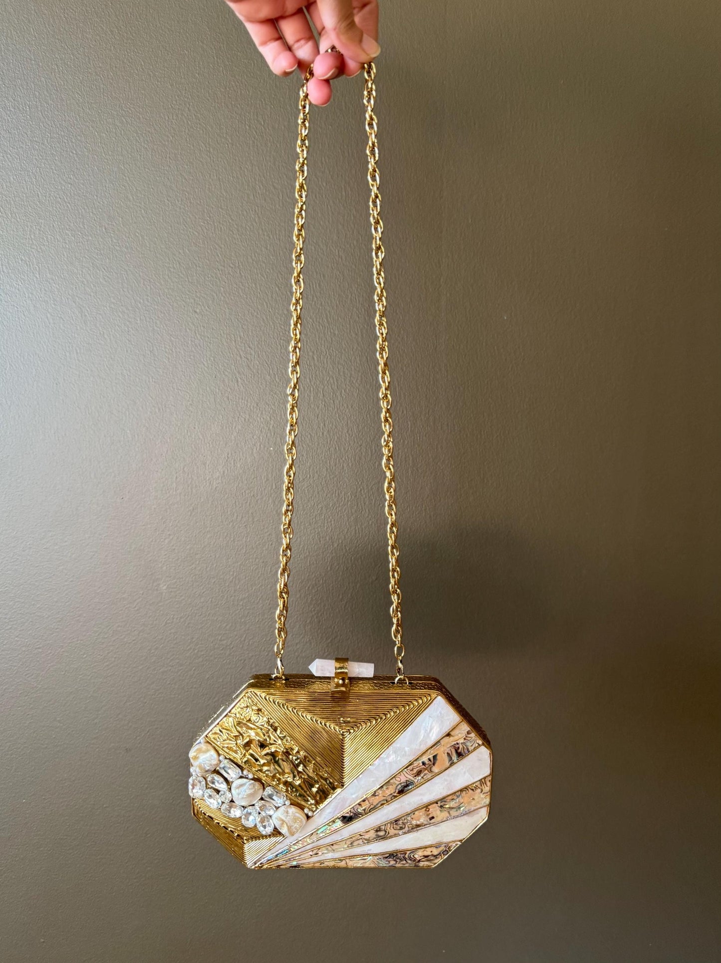 Handmade Gold Clutch – Mother of Pearl, Crystal & Rose Quartz Closure, Unique Evening Bag, Bridal Purse, Statement Handbag, Only 1 left.