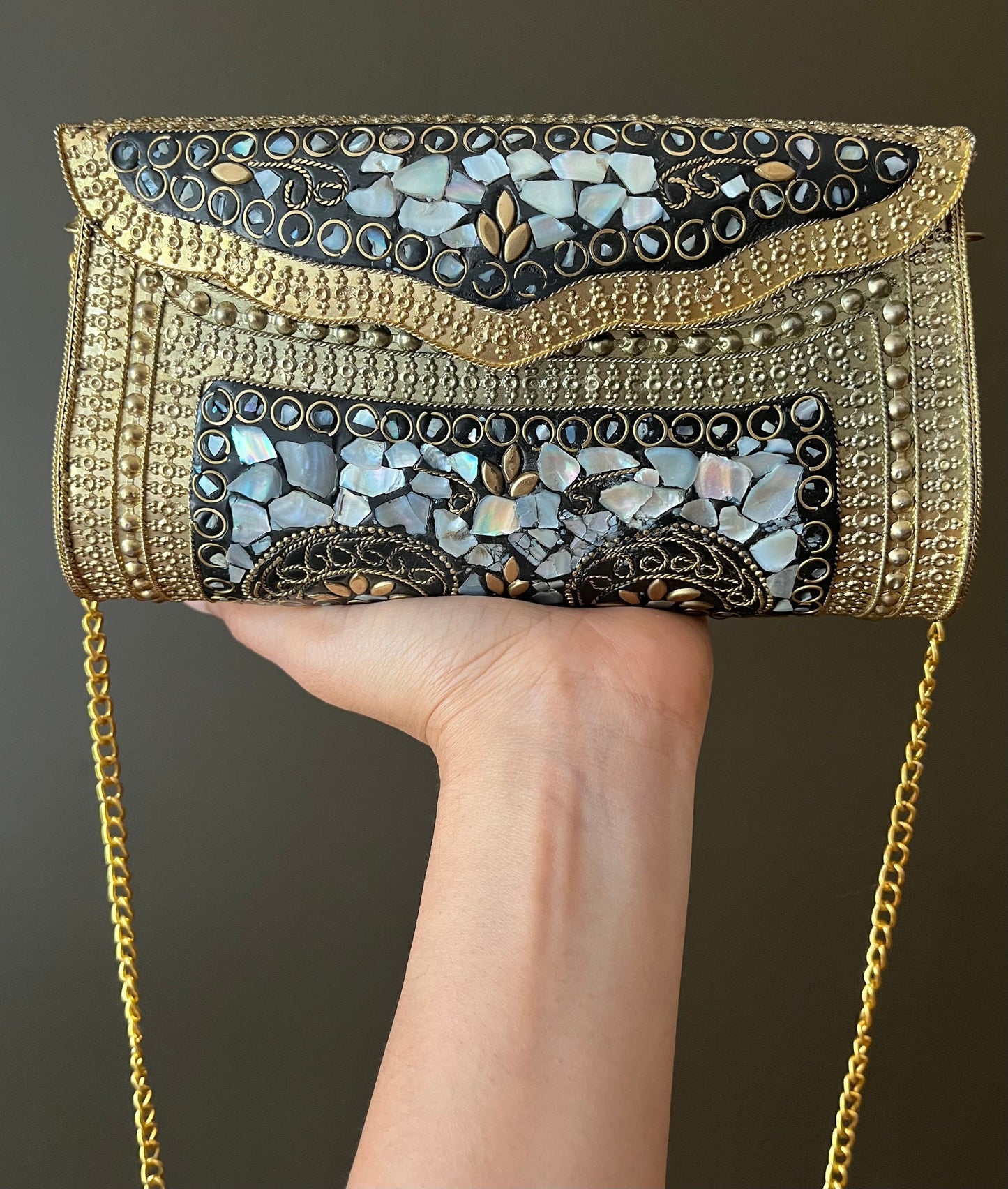 Mosaic Clutch, Antique Purse | Metal Clutch | Indian Handmade Sling Bag | Vintage Style Purse | Handmade Clutch, Mother of Pearl Purse