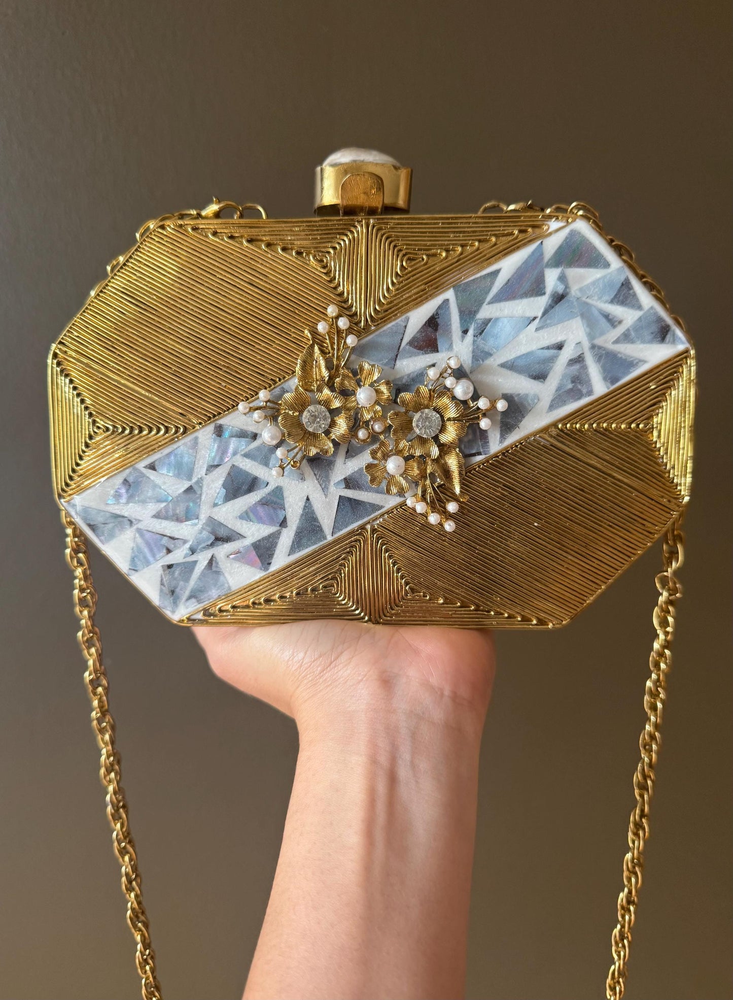 Luxury Gold Mother of Pearl Clutch | Handmade Evening Bag | Bridal Purse | Wedding, Party Handbag with Chain Strap & Gemstone Clasp. LAST PC