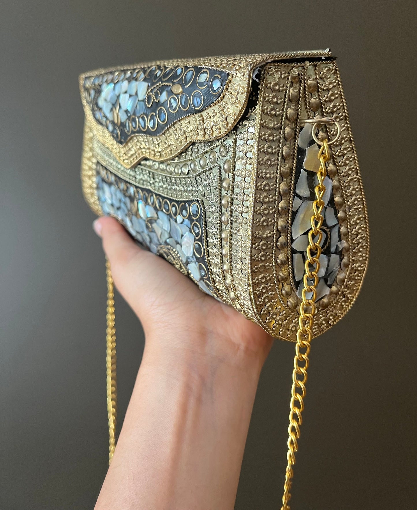 Mosaic Clutch, Antique Purse | Metal Clutch | Indian Handmade Sling Bag | Vintage Style Purse | Handmade Clutch, Mother of Pearl Purse