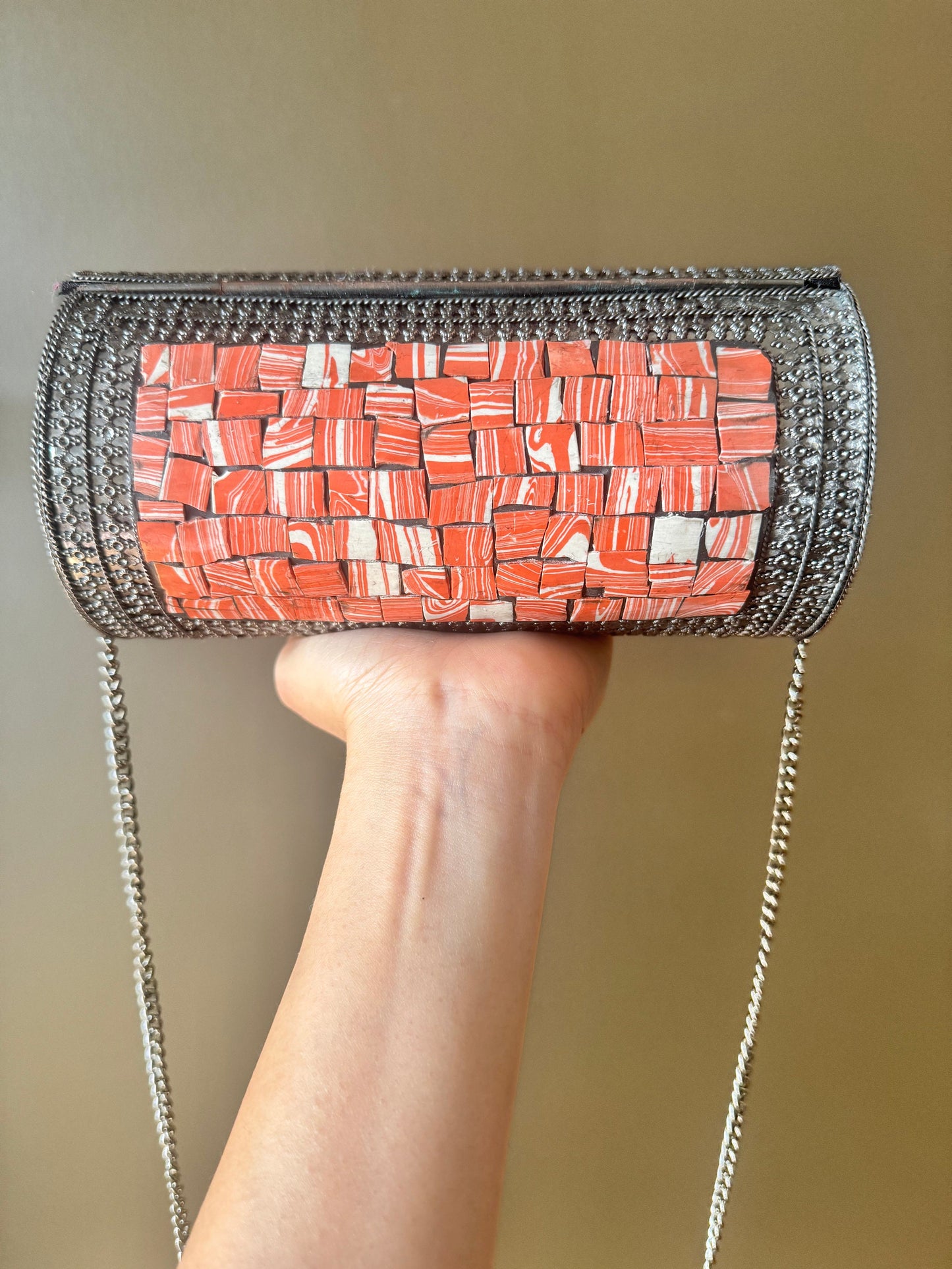 Chic Orange Mosaic Clutch with Vintage Silver Detailing and Chain Strap, Cultural Chic: Handcrafted Mosaic Evening Clutch,Exotic Elegant Bag