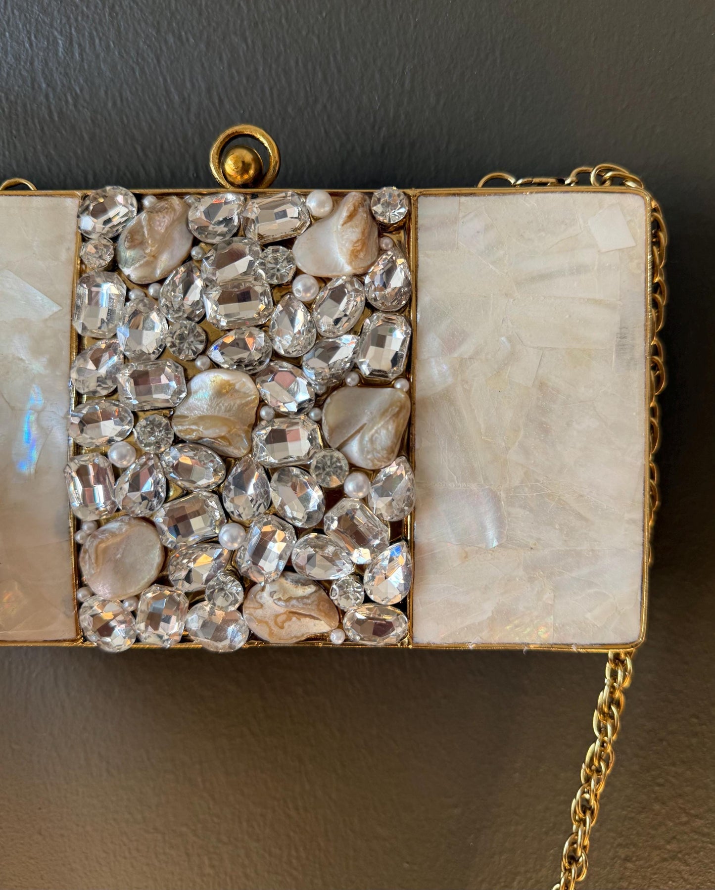 Handcrafted Mother-of-Pearl and Crystal Embellished Gold Clutch | Luxury Evening Bag for Weddings & Special Events. Limited Edition