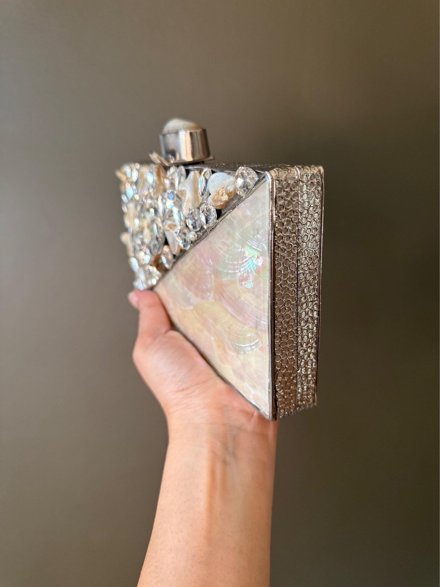 Elegant Handmade Clutch Purse - Mother of Pearl & Crystal Embellished, Silver Metal Frame, Chain Strap - Unique Evening Bag, Gift Ready