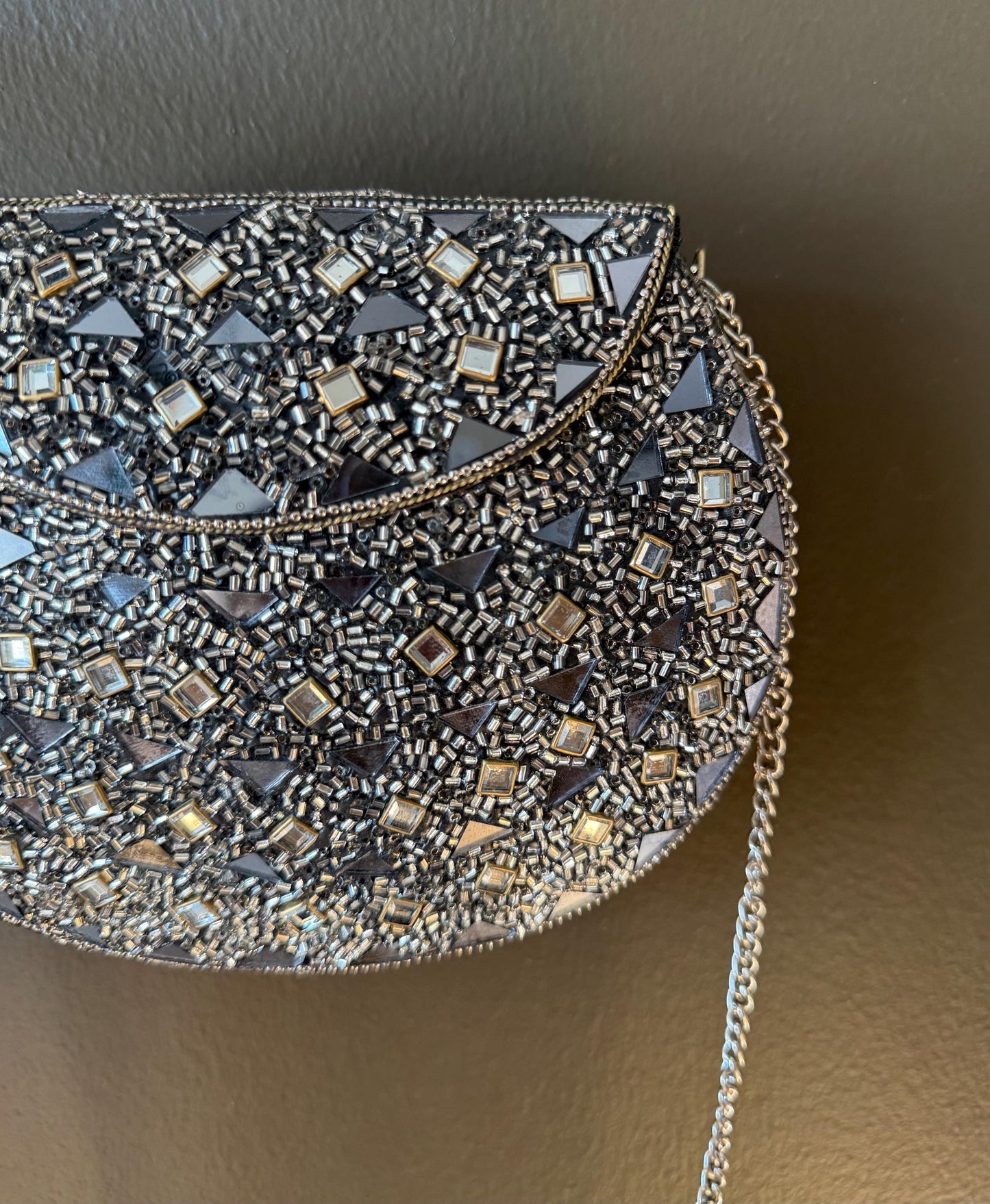 Handcrafted Black & Silver Mosaic Evening Clutch | Luxury Statement Bag with Intricate Detailing | Perfect for Weddings and Events. Vintage
