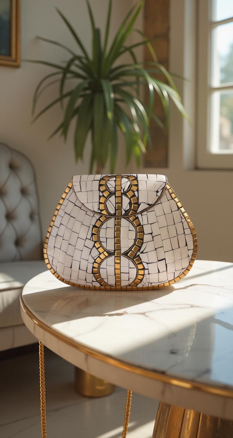 Handcrafted White and Gold Mother of Pearl Mosaic Clutch - Unique Shell Purse with Gold Strap - Elegant Statement Piece for Formal Events