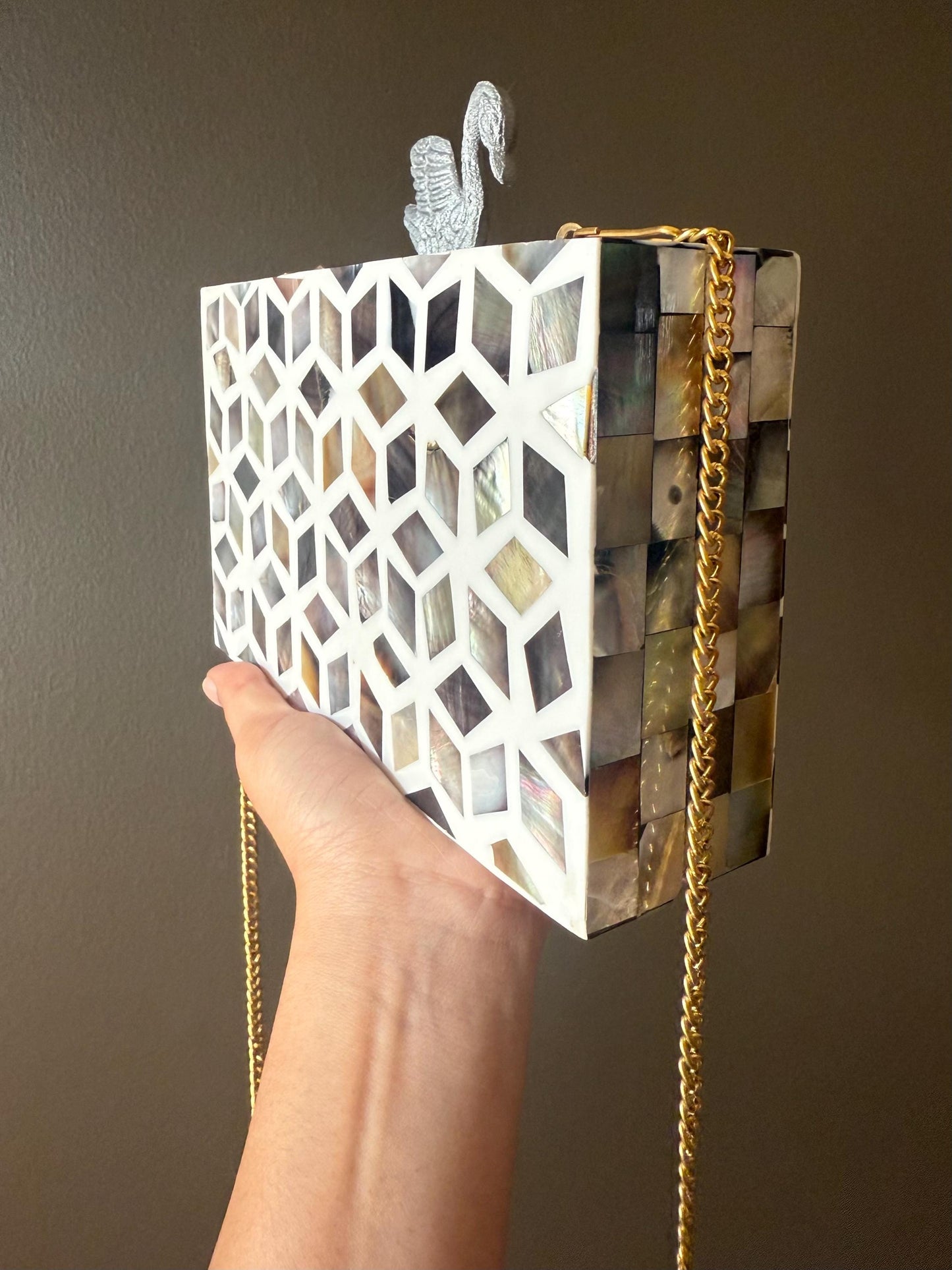 Luxury Mother of Pearl Clutch Purse - Handmade Evening Bag with Swan Clasp, Gold Chain, and Geometric Design - Elegant Gift for Women