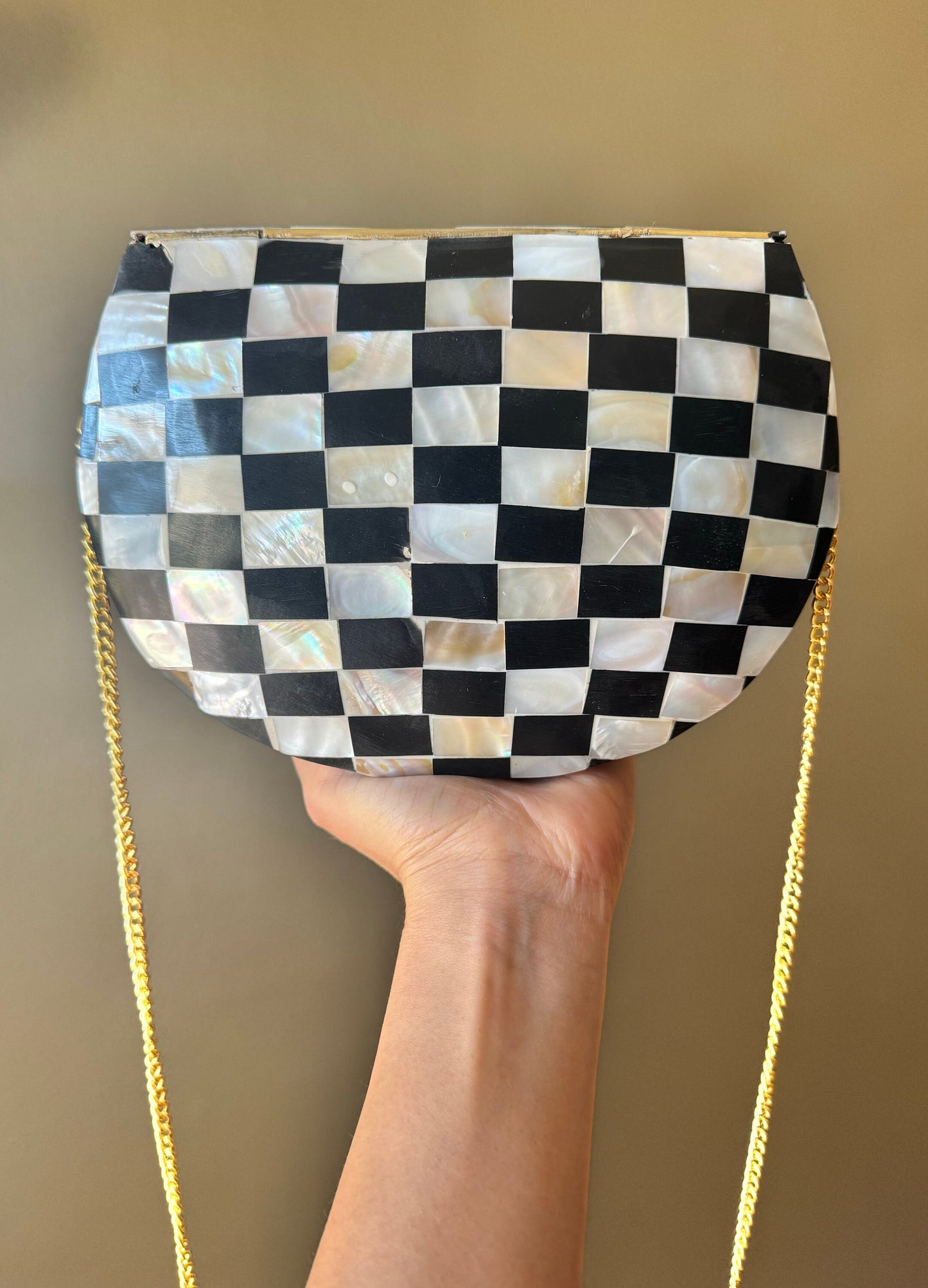 Chic Checkerboard Mother-of-Pearl Clutch - Artisan Crafted in India, Luxurious Evening Accessory, Mother-of-Pearl Evening Clutch Gold Chain