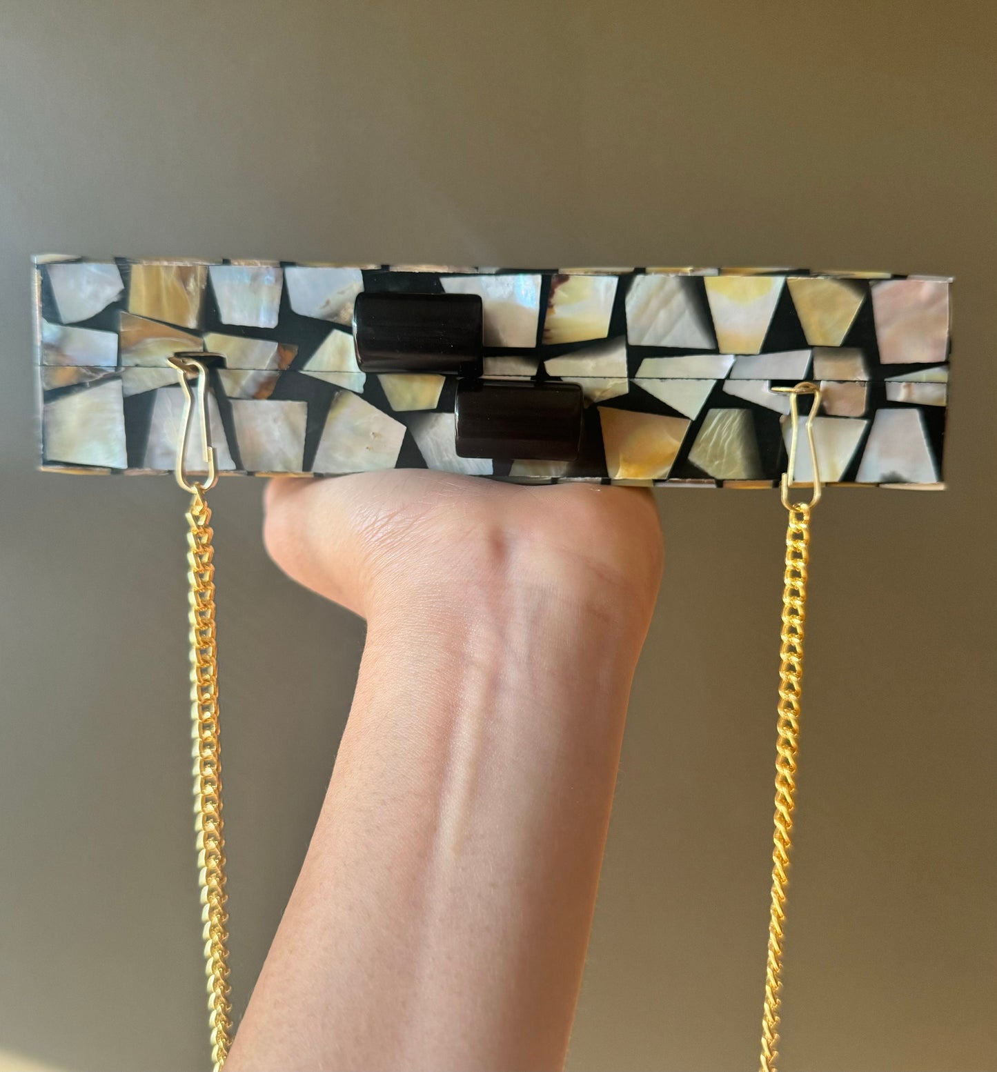 Exquisite Mahogany & Mother of Pearl Clutch | Luxurious Evening Bag with Gold Chain Strap and Resin Overcoat | Wedding and Special Occasion